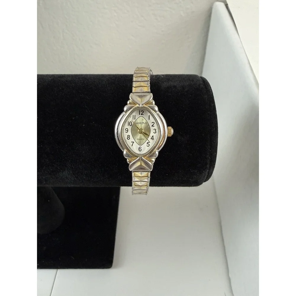 Watch It 90s Vintage Gold Silver 2 Tone Oval Quartz Stretch Band Bracelet Watch